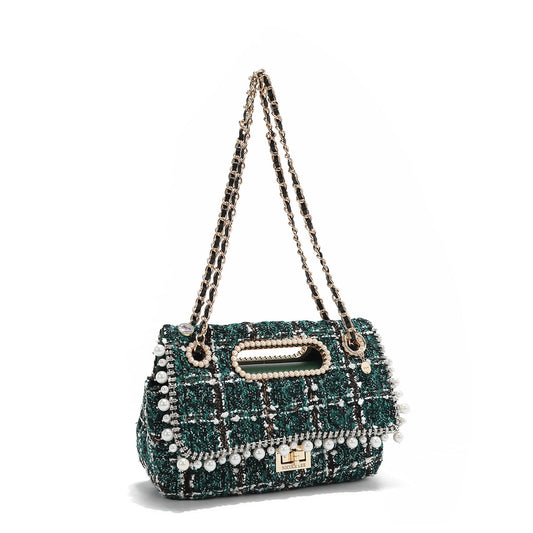 BOLSO CLUTCH ESTILO TWEED CON SOLAPA (VERDE)-1